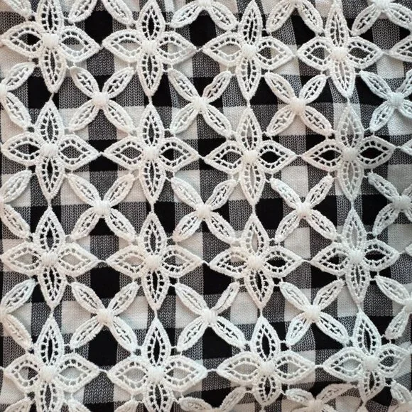 Anthropologie Moth Lace facade sweatshirt gingham short sleeve sweater LARGE - Picture 3 of 4